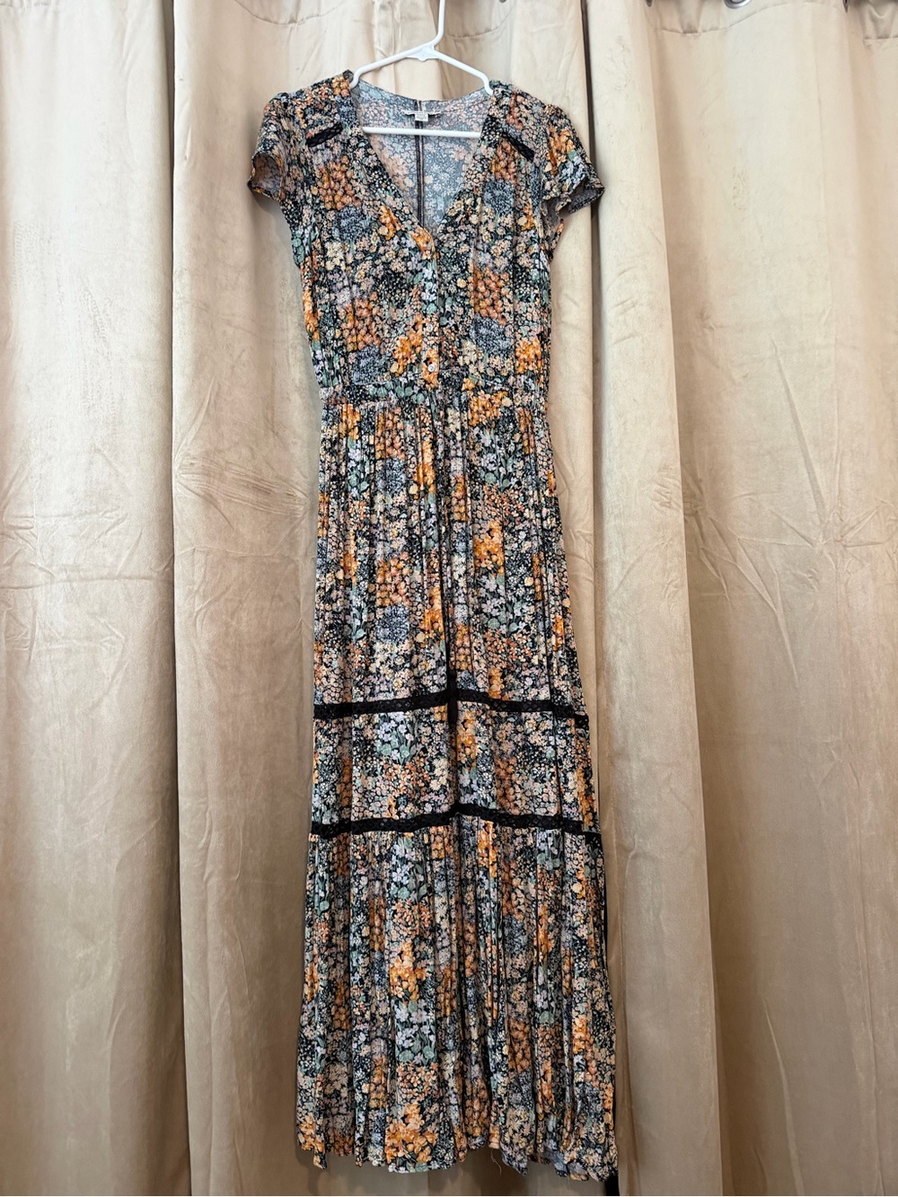 American Eagle Outfitters Black Floral Maxi Dress with Mustard Accents
